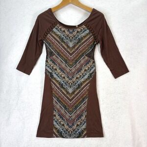 Free People Out Of Africa Brown Chevron Bodycon Mini Dress Womens L Boho Festive